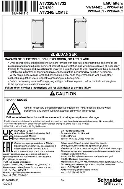 schneider施耐德Instruction Sheet - EMC Filters_ VW3A4420...A4426_ 4461_ 4462